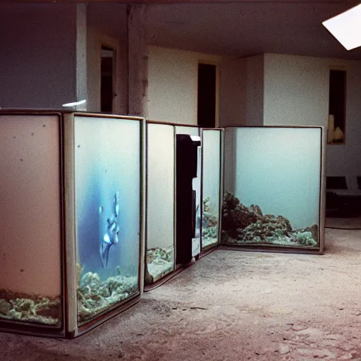 Image similar to an abandoned forgotten liminal lonely cracked aquarium, old retro museum exhibition, 1 9 8 0 s computers, computer monitors, illuminated displays of computer screen savers, crystal refraction of light, stanchions, photo taken on fujifilm superia film, aquatic devices