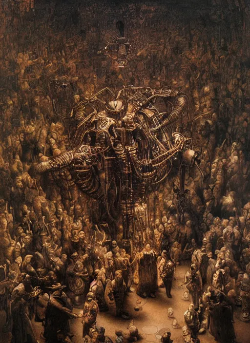 Prompt: beautiful oil clean painting biomechanical of crowd of humans connected to the machine by wayne barlowe, rembrandt, complex, old, stunning