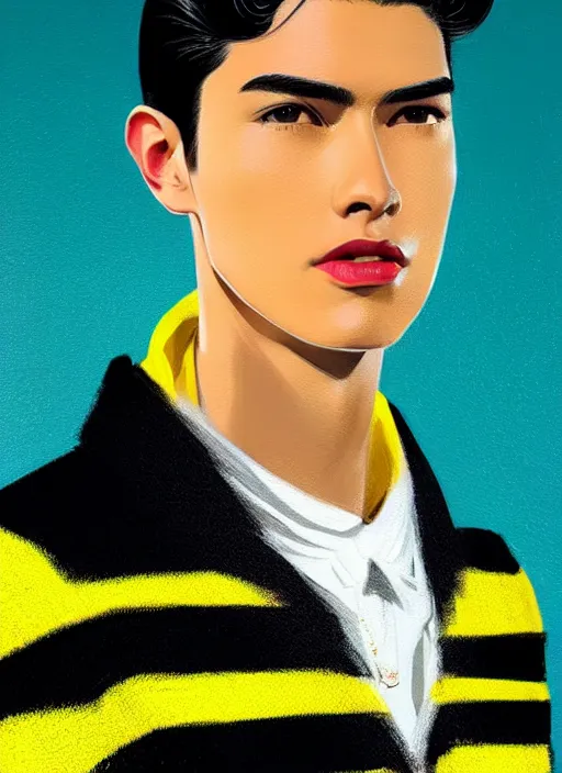 Image similar to portrait of young reggie mantle, mean smirk, egotistical, slicked back hair, striped yellow and black sweater, 1 9 5 0 s, intricate, elegant, glowing lights, highly detailed, digital painting, artstation, concept art, smooth, sharp focus, illustration, art by wlop, mars ravelo and greg rutkowski