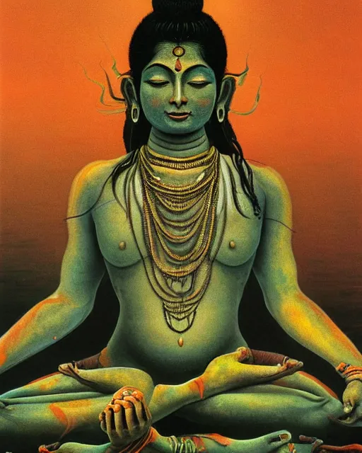 Prompt: One many-armed Shiva sits in the lotus position. In the background gasoline on the water. Dark colors, extremely high detail, hyperrealism, masterpiece, close-up, ceremonial portrait, solo, rich deep colors, realistic, art by Yoshitaka Amano, Beksinski