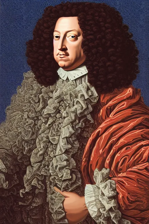 Prompt: vaporwave Dan Mumford style painting (portrait of Louis xiv 1701) in the style Rob Lefield and Dan Mumford Dan Mumford, Dan Mumford, Greg rutkowski, trending on artstation, digital art, surrealism, macro