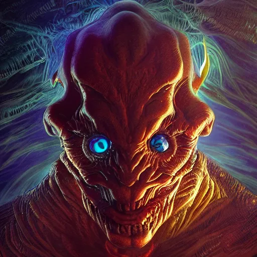 Image similar to photorealistic scifi demon in the style of michael whelan and gustave dore. hyperdetailed photorealism, 1 0 8 megapixels, amazing depth, glowing rich colors, powerful imagery, psychedelic overtones, 3 d finalrender, 3 d shading, cinematic lighting, artstation concept art