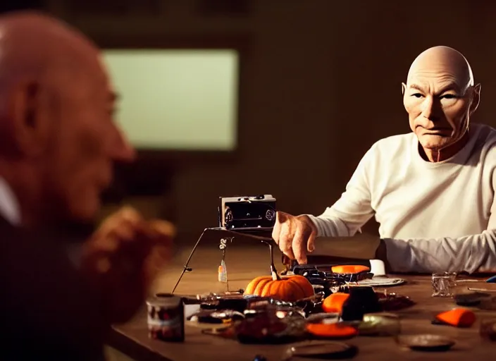 Image similar to a scene from a 2 0 2 0 s halloween kills, patrick stewart is eating from a can of beans, vhs distortion, cathode ray tube distortion, folk horror, hauntology, 8 k, 8 5 mm f 1. 8, studio lighting, rim light, right side key light