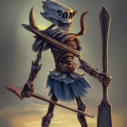 Image similar to Powerful skeleton holding axe, concept art, 4k, high detailed