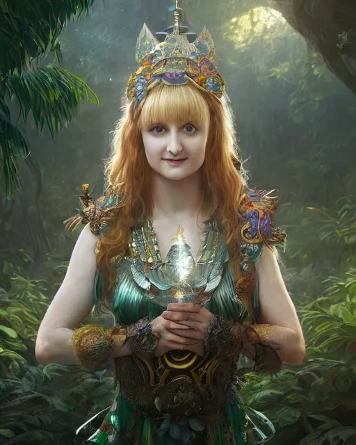 Prompt: Beautiful art portrait of Melissa Rauch as a fantasy priestess in a bright temple surrounded by lush forest, atmospheric lighting, intricate detail, cgsociety, hyperrealistic, octane render, RPG portrait, ambient light, dynamic lighting