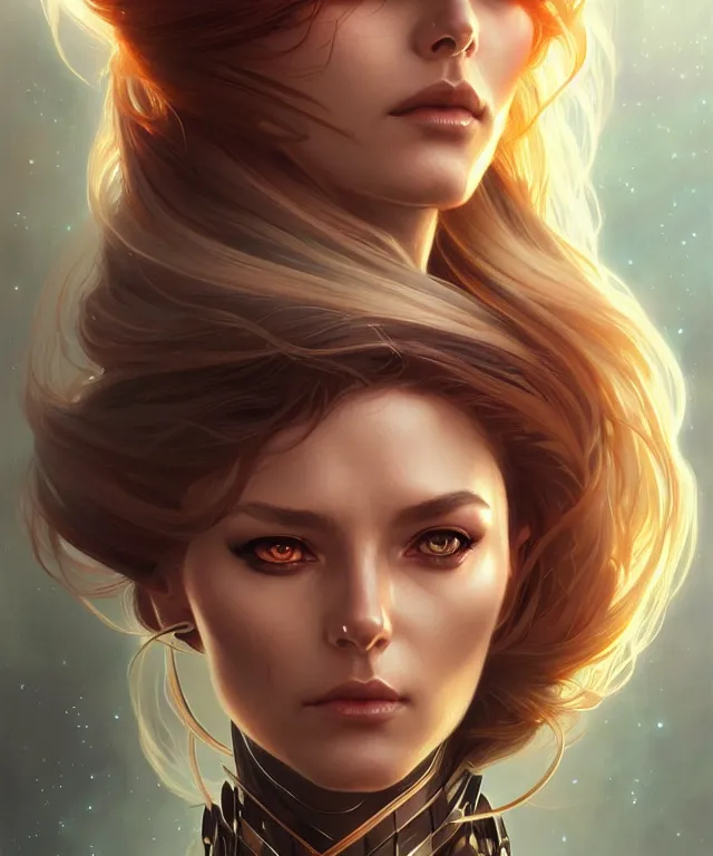 Image similar to futuristic woman portrait, sci - fi, amber eyes, face, long hair, fantasy, intricate, elegant, highly detailed, digital painting, artstation, concept art, smooth, sharp focus, illustration, art by artgerm and greg rutkowski and alphonse mucha