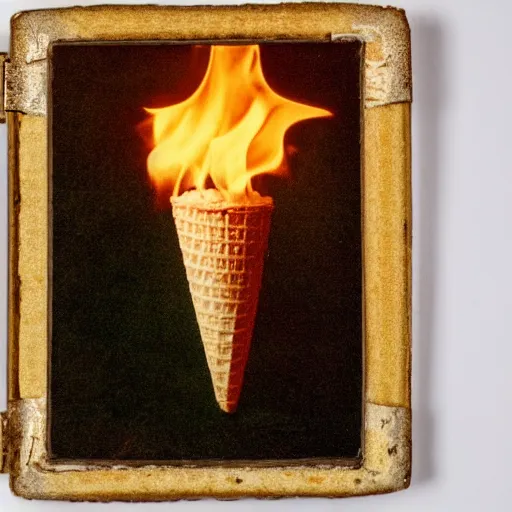 Image similar to a detailed color daguerreotype of a ice cream cone on fire