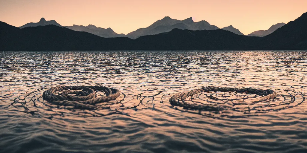 Image similar to rope floating in the water in the middle of a lake, a rocky foreground, mountains in th ebackground, sunset, a bundle of rope is in the center of the lake, eerie vibe, leica, 2 4 mm lens, 3 5 mm kodak film, directed by charlie kaufman, f / 2 2, anamorphic