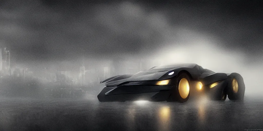 Prompt: parked 6 0 s batmobile, fog, rain, volumetric lighting, beautiful, golden hour, sharp focus, highly detailed, cgsociety