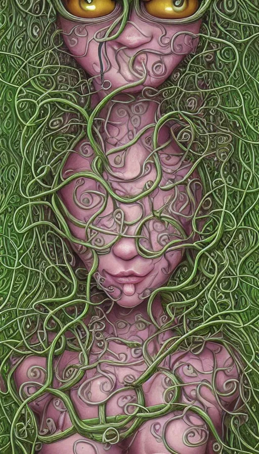 Image similar to very detailed portrait of a 2 0 years old girl surrounded by tentacles, the youg woman visage is blooming from fractal and vines, by naoto hattori