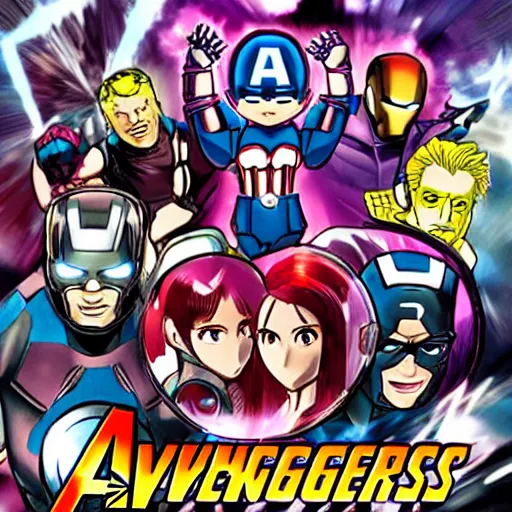 Image similar to the avengers in the style of yuyuko takemiya and gen urobuchi