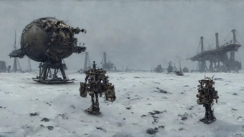 Image similar to 1920's broken down bipedal mech in the snowy tundra, oil drill in the distance, steampunk airship above, painted by Jakub Rozalski