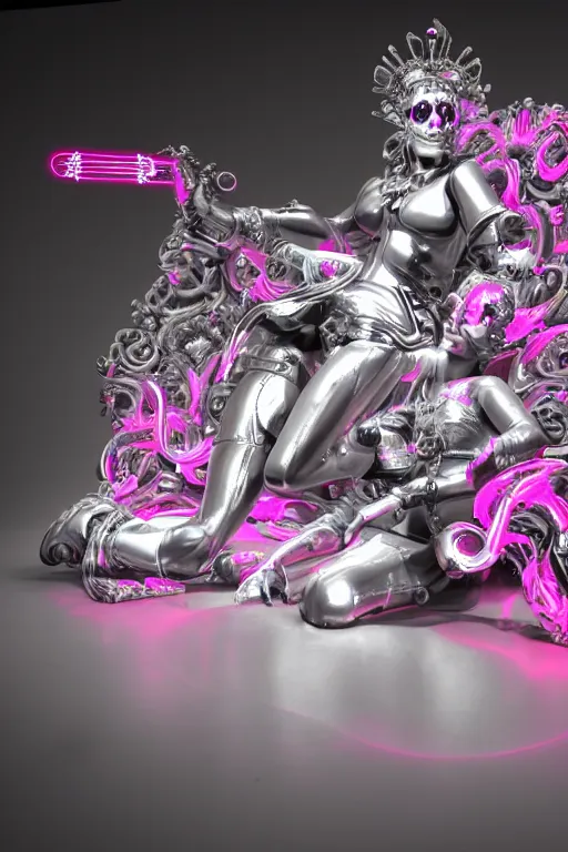 Prompt: full-body rococo and cyberpunk style neon statue of a young attractive Brasileiro macho dotado android reclining sim roupa, glowing white laser eyes, prince crown of pink gears, diamonds, swirling silver-colored silk fabric. futuristic elements. full-length view. space robots. human skulls. intricate artwork by caravaggio. Trending on artstation, octane render, cinematic lighting from the right, hyper realism, octane render, 8k, depth of field, 3D
