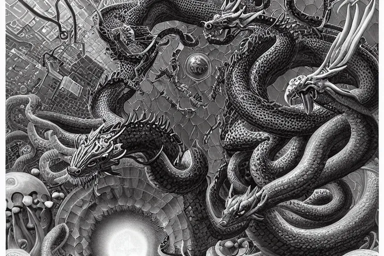 Image similar to a detailed digital art painting of a cyberpunk magick oni dragon with occult futuristic effigy of a beautiful field of mushrooms that is a adorable leopard atomic latent snakes in between ferret biomorphic molecular hallucinations in the style of escher, alex grey, stephen gammell inspired by realism, symbolism, magical realism and dark fantasy, crisp,