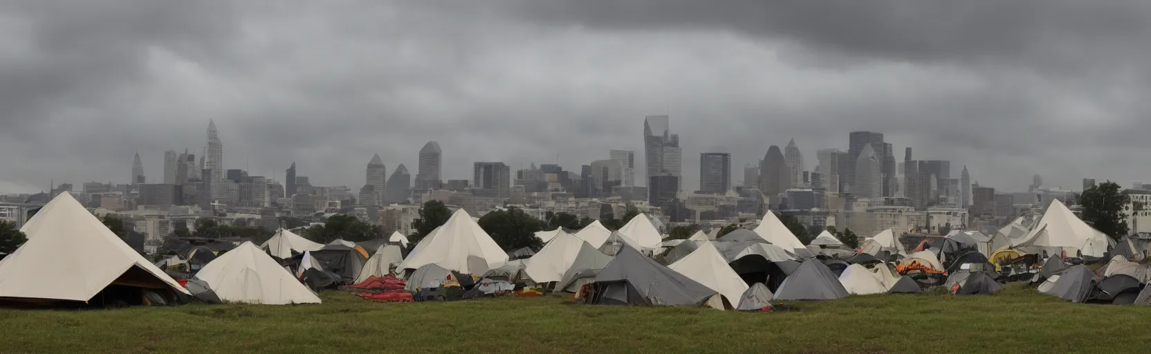 Image similar to cloudy, grey skies, american knights, tent camp in foreground, fortress city of office buildings in background upon hill