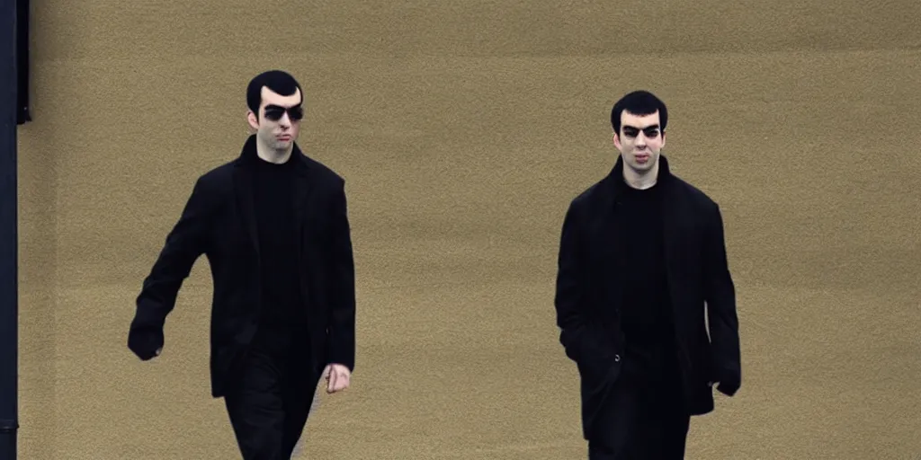 Image similar to nathan fielder dodging a bullet in the matrix, wearing a cool black coat, ultrarealistic, 4 k