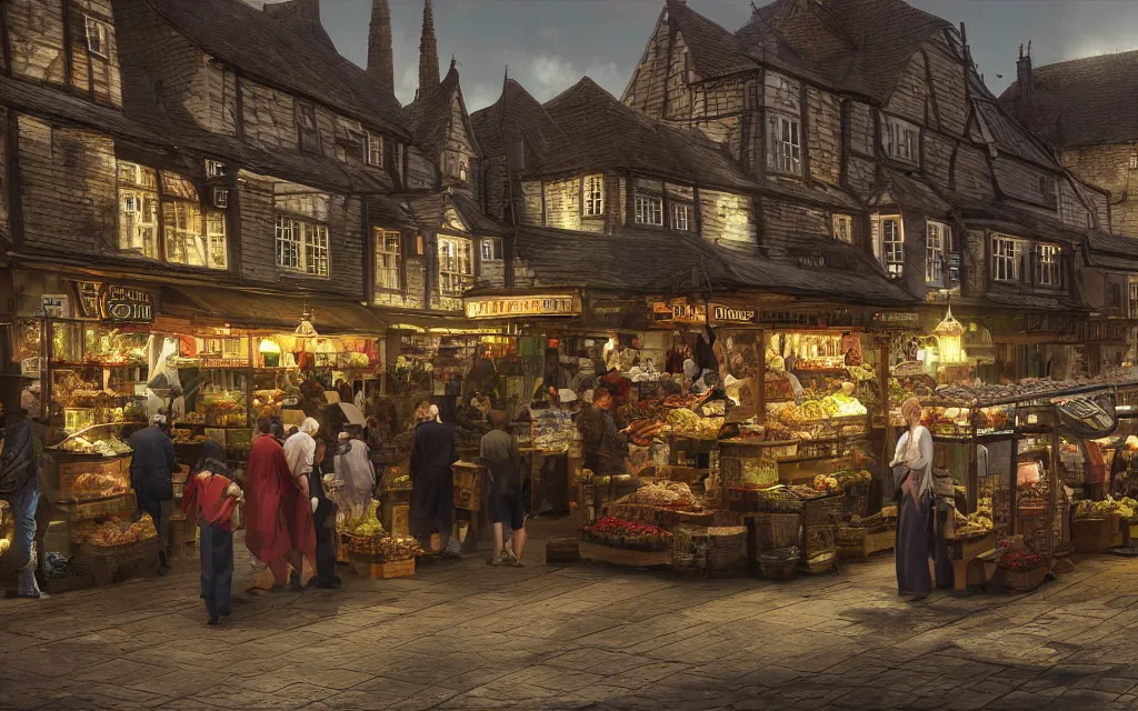 Image similar to at the market of a medeveil english town highly detailed, cinematic lighting, render, fantasy