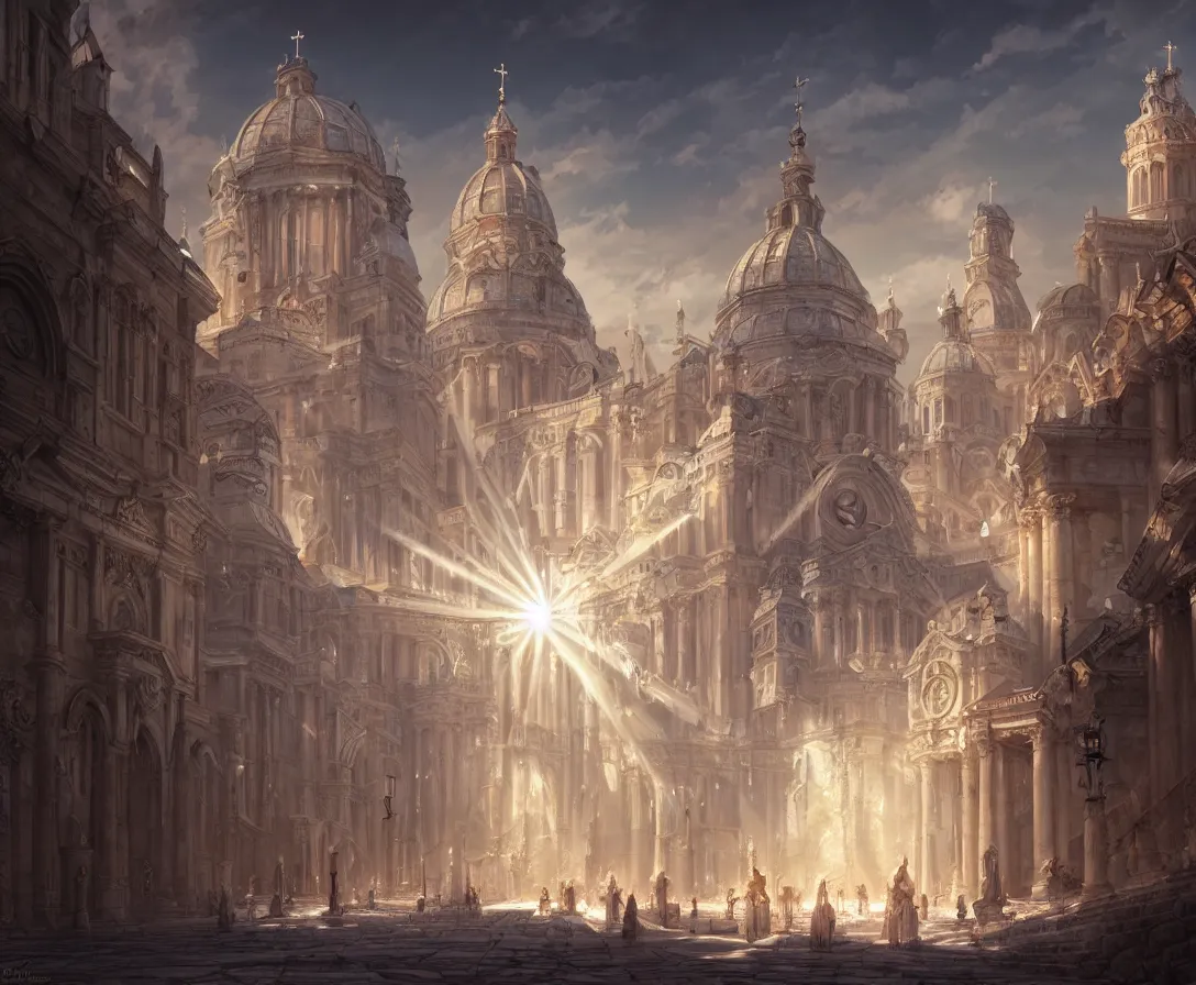 Image similar to highly detailed concept art of authoritarian pearly white medieval city, roman architecture with religious iconography, sunbeams, digital painting, fantasy, d & d, beautiful, illustration