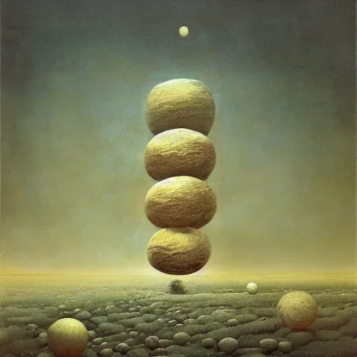 Prompt: multiple spheres floating above the horizon, spread out horizontally, separated symmetrically, zdzislaw beksinski