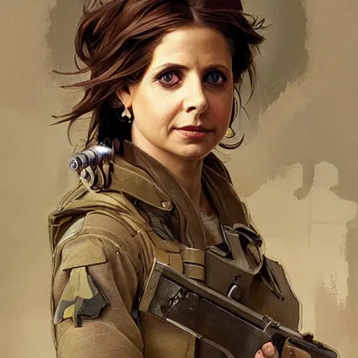 Image similar to sarah gellar as a soldier, gorgeous, amazing, smooth, intricate, highly detailed, digital painting, artstation, concept art, sharp focus, illustration, art by greg rutkowski and alphonse mucha and even amundsen