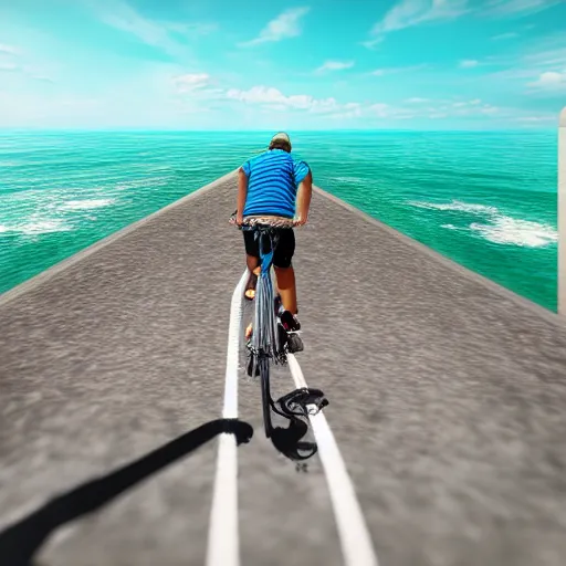 Image similar to You bicycling on a concrete path entering the murky ocean:POV+ultra hyperrealistic+detailed+high quality+ photorealistic+photography+HD+