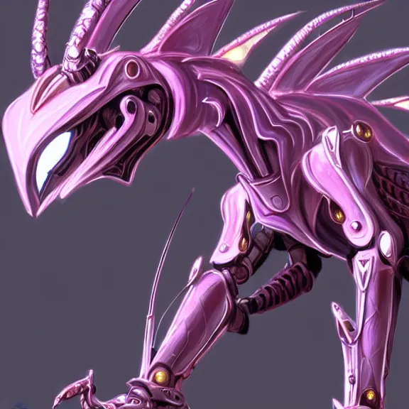 Image similar to highly detailed exquisite fanart, of a beautiful female warframe, but as an anthropomorphic elegant robot female dragoness, robot dragon head with glowing eyes shiny and smooth off-white plated armor, bright Fuchsia skin beneath the armor, sharp claws, long sleek tail behind, robot dragon hands and feet, standing elegant pose, close-up shot, full body shot, epic cinematic shot, professional digital art, high end digital art, singular, realistic, DeviantArt, artstation, Furaffinity, 8k HD render, epic lighting, depth of field