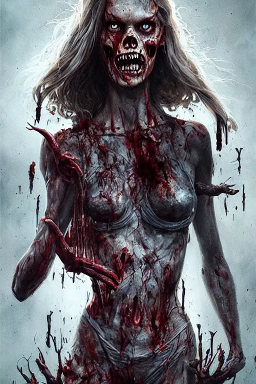 Image similar to movie poster of Karlie Kloss staring in a 1980 horror movie, zombie themed, by artgerm and greg rutkowski