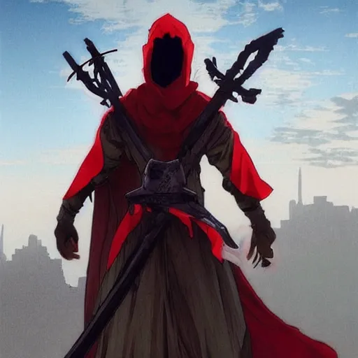 Prompt: view from the back shadow warrior holding twin swords, male villian, full body worn out torn cape, red hoodie, worn out clothes, floating spiral sand, desert, full body shot, anime style, 90's modern art, art by artgerm and greg rutkowski and alphonse mucha