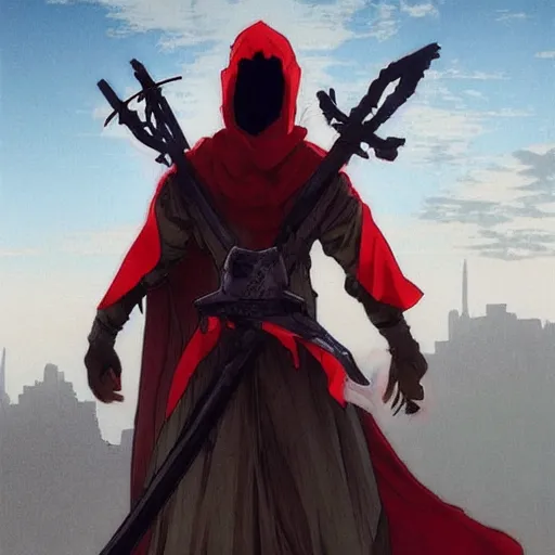 Image similar to view from the back shadow warrior holding twin swords, male villian, full body worn out torn cape, red hoodie, worn out clothes, floating spiral sand, desert, full body shot, anime style, 90's modern art, art by artgerm and greg rutkowski and alphonse mucha