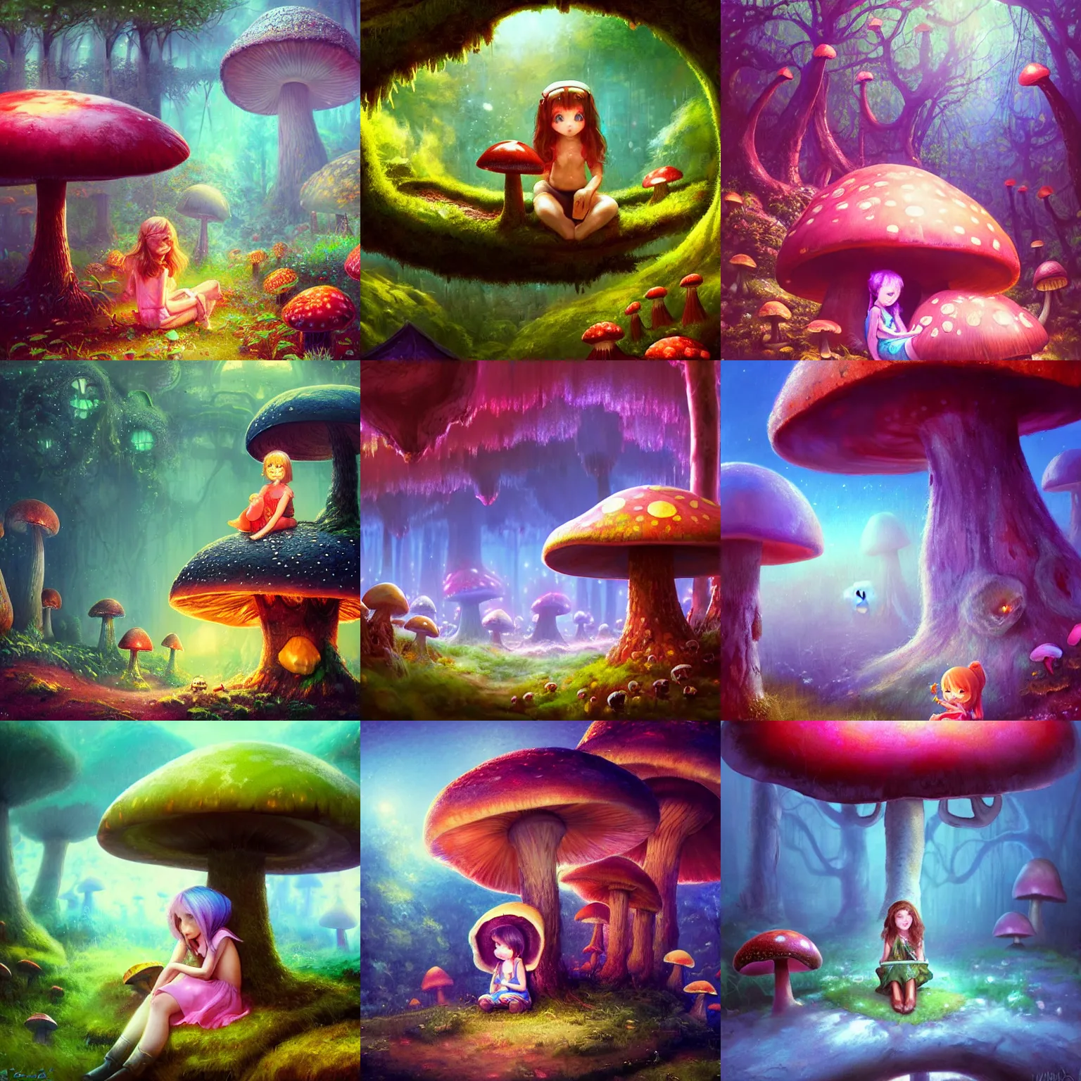 Prompt: ”cute young girl sitting by a mushroom smiling, giant mushroom houses in a mysterious fantasy forest, [bioluminescense, rope bridges, art by wlop and paul lehr, cinematic, colorful]” W 512