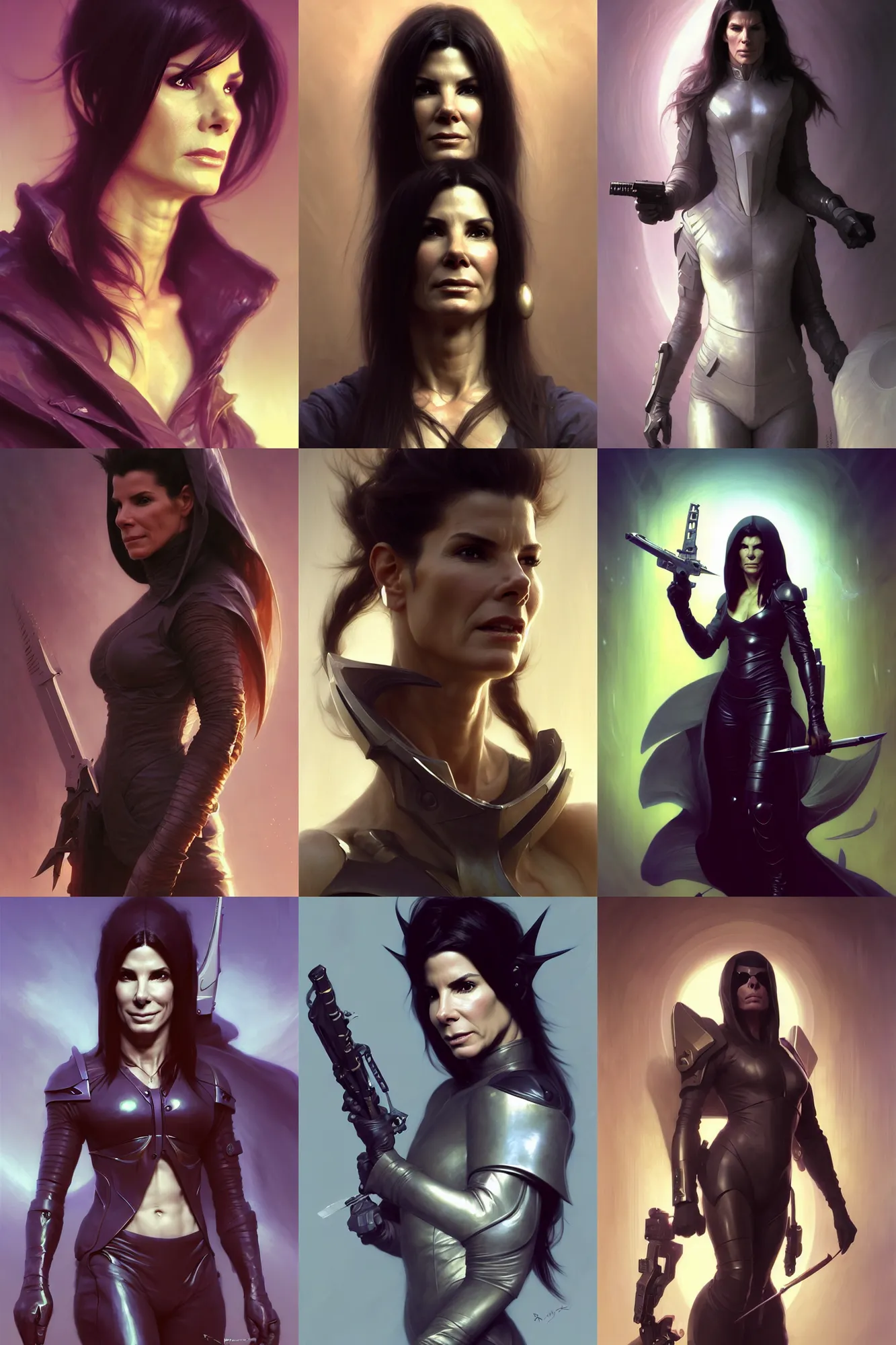 Prompt: sandra bullock as blade, illustration by ruan jia and mandy jurgens and william - adolphe bouguereau, artgerm, 4 k, digital art, surreal, space dandy style, highly detailed, godsend, artstation, digital painting, concept art, smooth, sharp focus, illustration by ruan jia and mandy jurgens and william - adolphe bouguereau