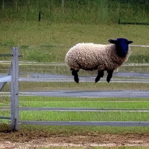 Prompt: Electric Sheep, leaping over a fence.