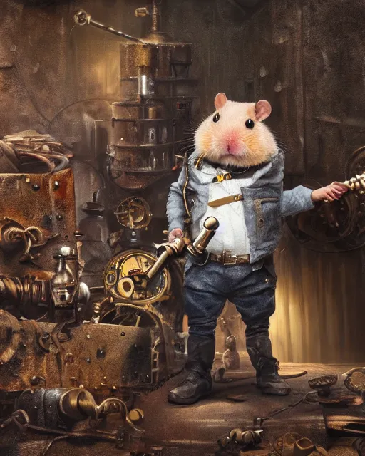 Image similar to oil painting of anthropomorphized hamster holding drill, steampunk clothes, close shot, full body, dark steampunk mine shaft background, sharp focus, fantasy style, octane render, volumetric lighting, 8k high definition, by greg rutkowski, highly detailed, trending on art Station, dungeons and dragons artwork, centered