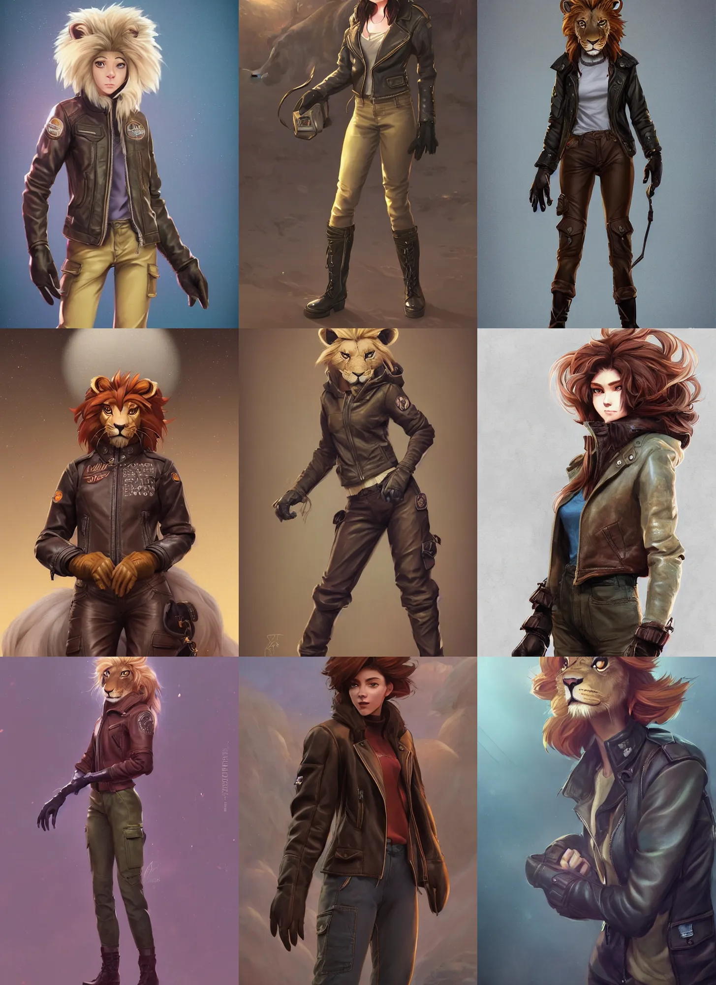 Prompt: beautiful portrait of a female anthropomorphic lion fursona wearing a leather jacket. leather gloves. leather boots. cargo pants. character design by charlie bowater, ross tran, artgerm, and makoto shinkai, detailed, soft lighting, rendered in octane