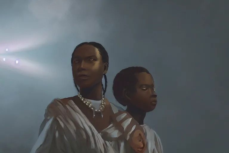 Image similar to a black woman ancestor watching her kids from the sky ( ( ( ( volumetric light ) ) ) ), high angle, part by pearl fryar, part by prince damah, cinematic, poetic, smooth, portrait, trending on artstation, cinematic view, illustration, painting.