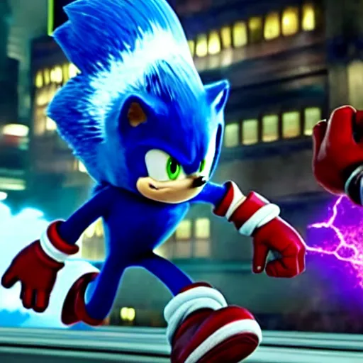 Image similar to The famous scene in the Avengers when Sonic the Hedgehog finally arrived to the fight and beat Thanos, movie sonic, extremely detailed with lots of background explosions and effects, grinning, wearing red gloves, 4k, 8k, HDR, purple lighting that highlights Sonic's fur