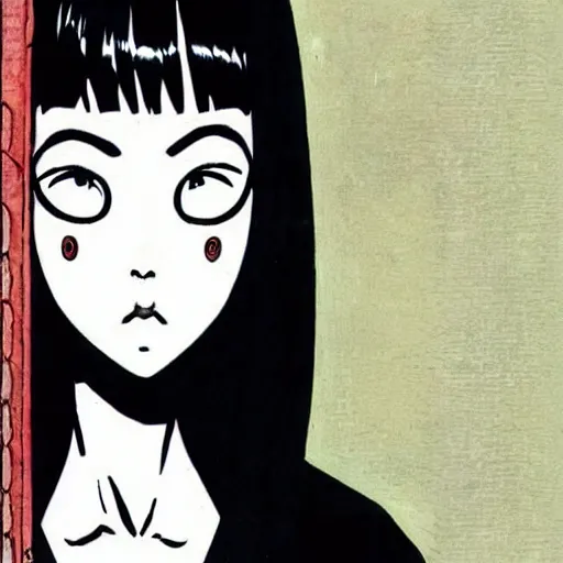 Prompt: a white girl withblack hair by junji ito, colored, realistic