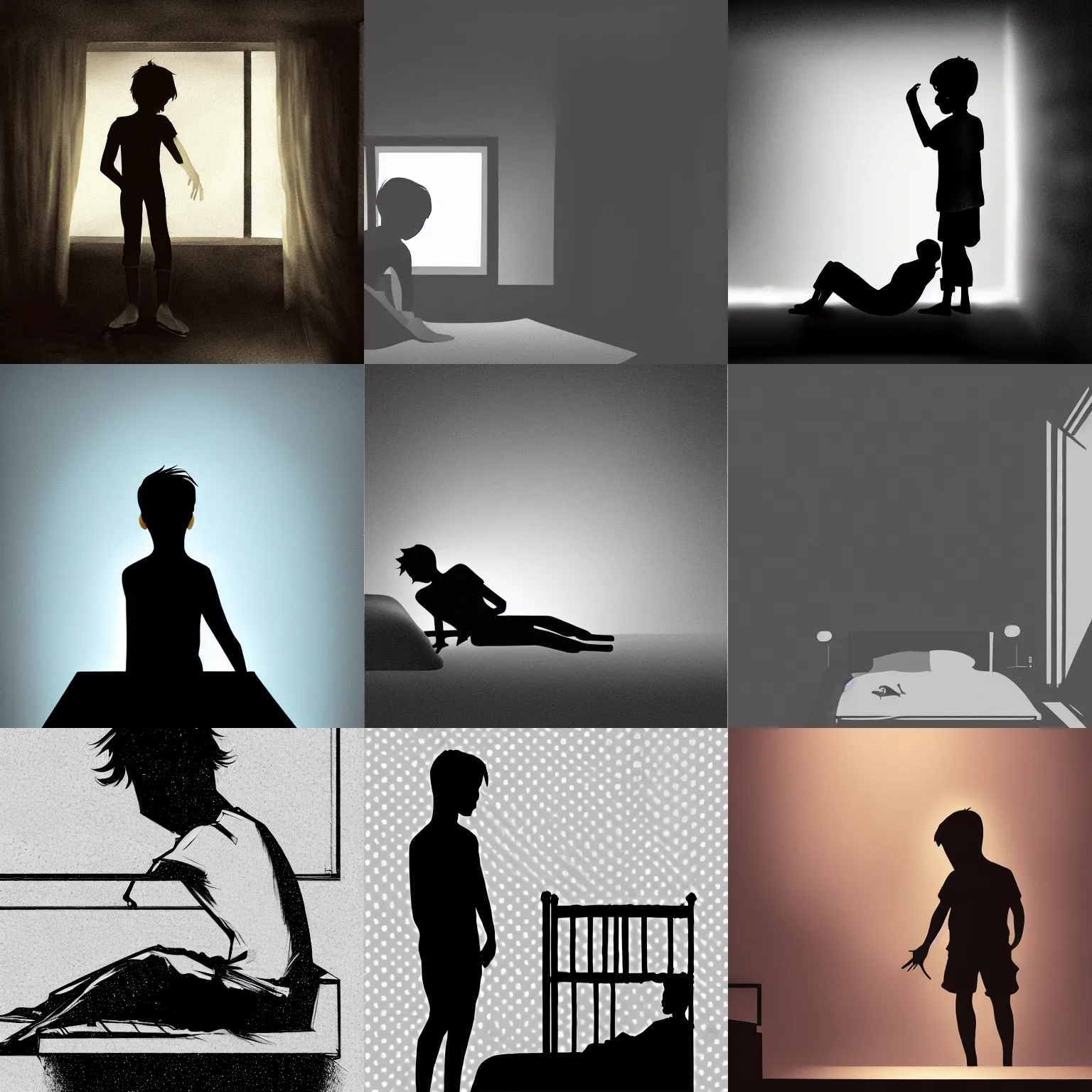 Prompt: dark silhouette of a boy laying down in his room alone, dark, gloomy, eerie, digital art, extremely detailed, trending on artstation, fine details