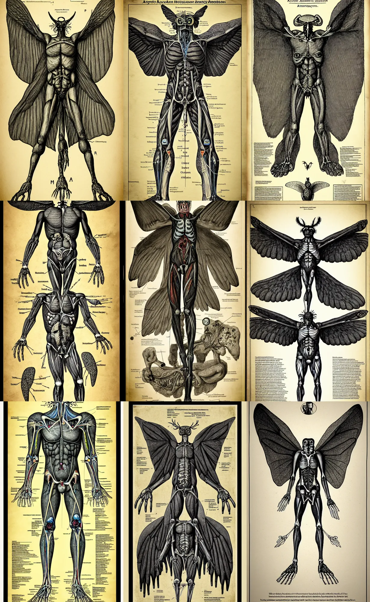 Prompt: academic anatomical diagram poster of a cryptid mothman