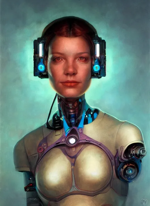 Prompt: portrait of a cyborg scientist girl, cinematic light, looking to the side off camera, backlight glow, teal orange, mist, by gerald brom, by mikhail vrubel, by peter elson, muted colors, extreme detail, trending on artstation, 8 k