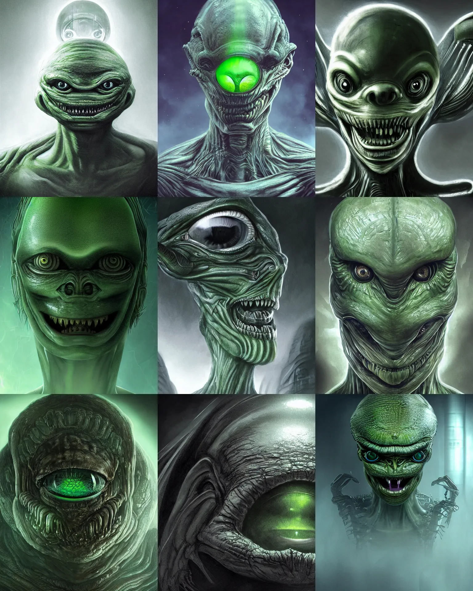 Prompt: grotesque alien with long forehead. green semitransparant cloudy glowing faceted eyes. high quality photorealistic 4 k, hyperrealism, volumetric fog, serious, dark, fear, concept art of h. r. giger, trending on artstation, symmetric, horror, gigantic kaiju looking down worms - eye - view