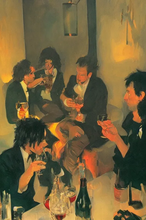 Prompt: glam rockers drinking brutal and raw wine, inside a tiny green room with red lights by joaquin sorolla, greg rutkowski, bill sienckiwicz, extremely detailed