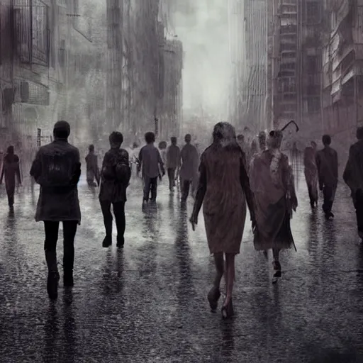 Image similar to hordes of drone-like people aimlessly walking around a depressing dystopian cityscape , trending on artststion, hyper realistic, surreal, melancholic, 8k, upscaled