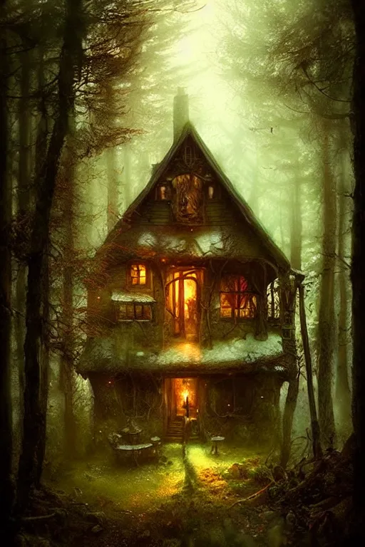 Image similar to a ramshackle cabin in the woods, magical forest, fairytale style, Fairycore, cottagecore, fantasy, by Bastien Lecouffe Deharme