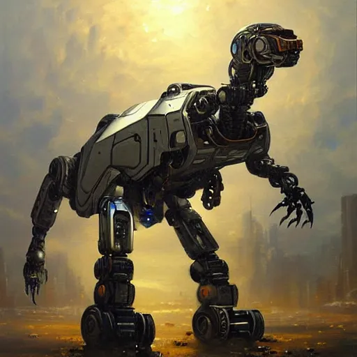 Prompt: beautiful classical oil painting of a cyberpunk robot mecha dinosaur