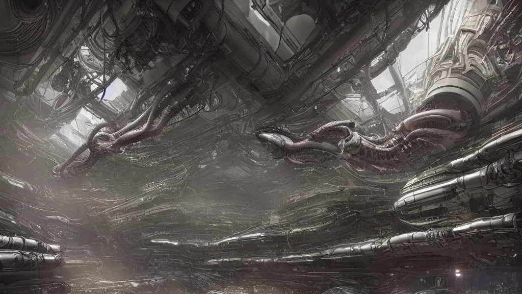 Prompt: a Photorealistic dramatic hyperrealistic,hyper detailed render of an Epic Sci-Fi, Gigantic Alien xenomorph spaceship inside huge interior hangar,intricate bio mechanical surface details in a top secret research facility,many tubes and cables hanging from the ceiling by Greg Rutkowski,Nicolas Bouvier,Sparth,ILM,Beautiful dynamic dramatic dark moody lighting,Volumetric,Cinematic Atmosphere,Octane Render,Artstation,8k