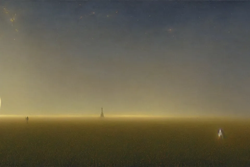 Prompt: sci-fi painting of a nearby large alien city on the vast wheat fields, the closed back view of one humanoid robot on the ground, by Ivan Aivazovsky, godrays, detailed