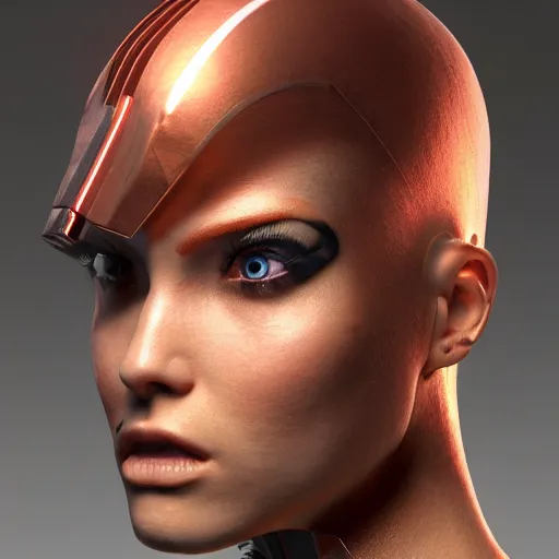 Prompt: cyborg fashion shot, cyber copper hairdo, headshot half figure, photorealistic, unreal engine, trending on artstation