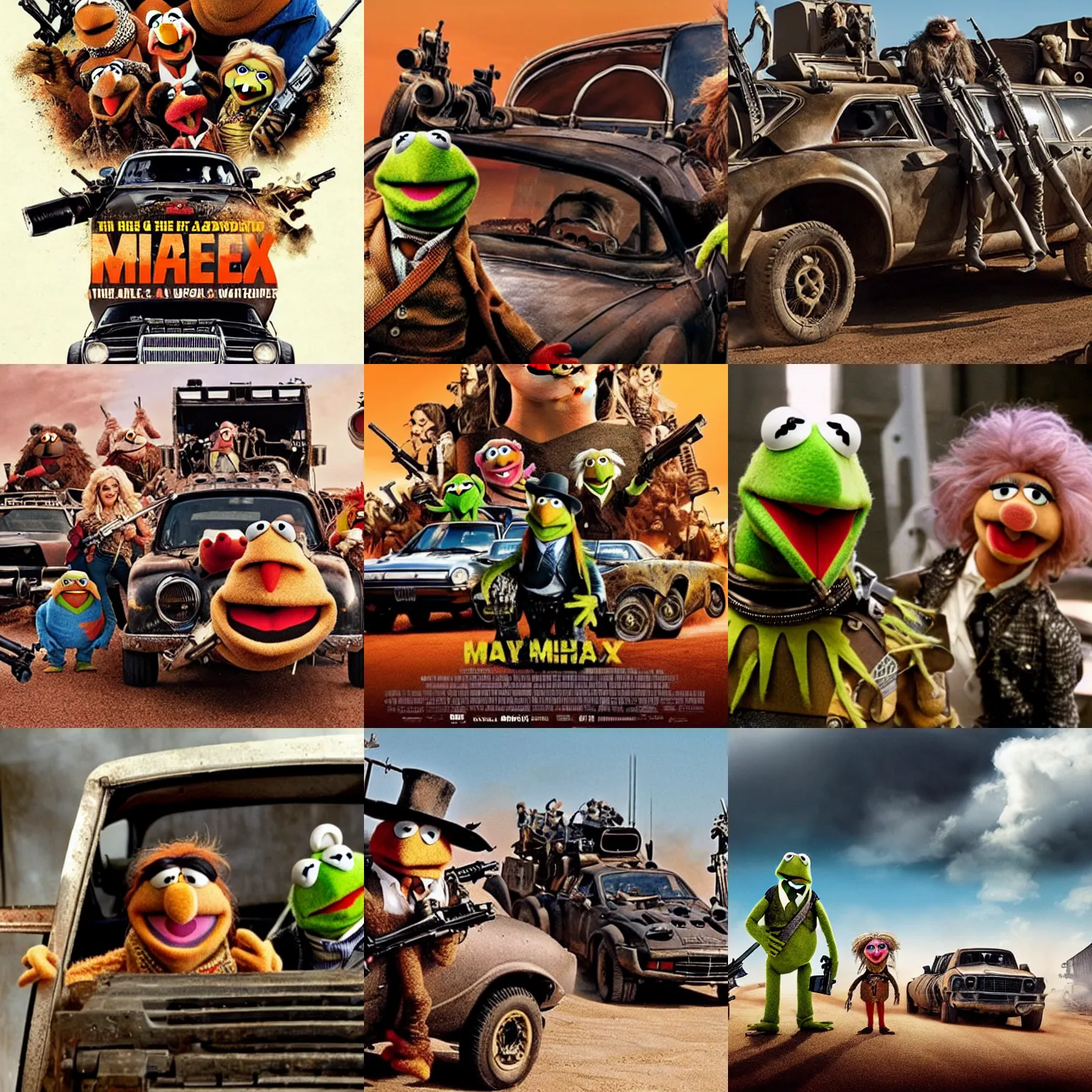 Prompt: the Muppets: mad max, lots of guns, photo