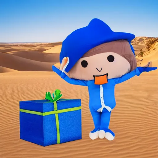 Image similar to blue'snappy gifts'logo human - sized plush doll, looking at the camera, in the desert, holding gift, happy atmosphere, high detail, 8 k